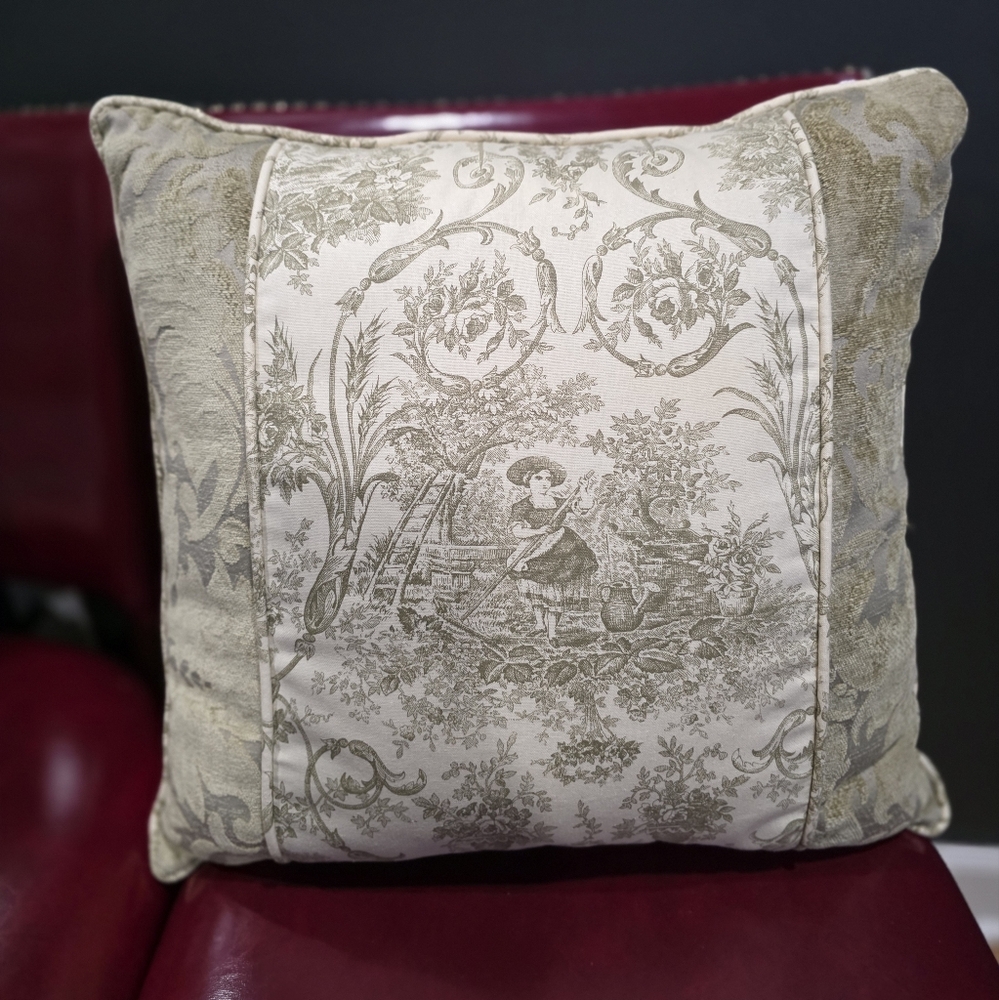 French Provence Vintage Square Tolie Throw Pillow Olive Sage Green Cream 17x17